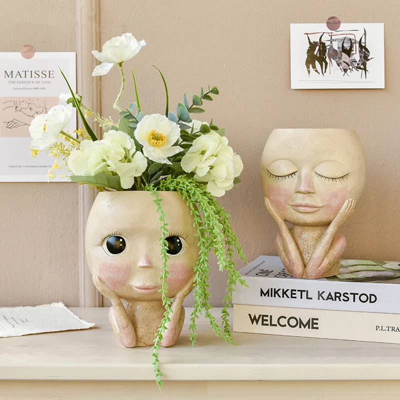 

Human Face Vase Decoration Big Eyes Doll Resin Flowerpot Figure Sculpture Crafts Storage Container Flower Arrangement Container