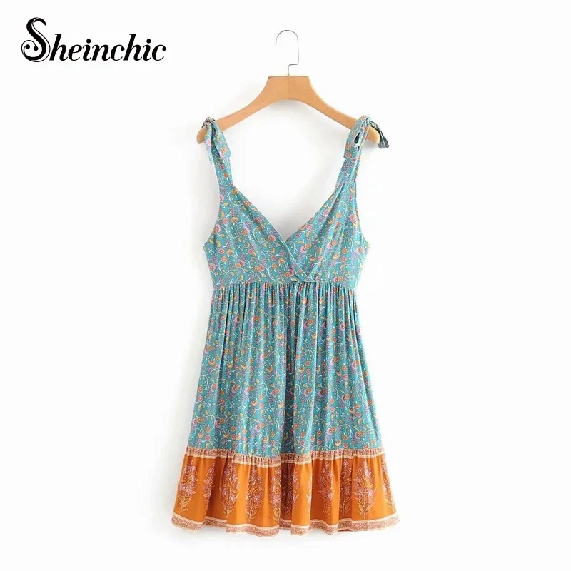 

Sexy V-Neck Backless Dresses for Women 2021 Summer Short Sleeve Floral Print Mini Woman Dress