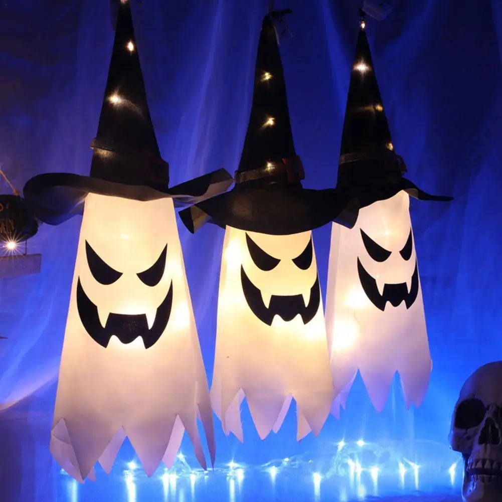 

Halloween Decoration LED Flashing Light Gypsophila Ghost Festival Dress Up Glowing Wizard Ghost Hat Lamp Decor Hanging Lantern