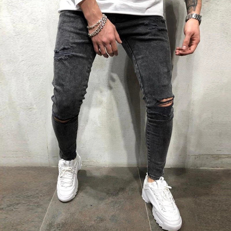 Streetwear Black Pants Knee Ripped Skinny Jeans for Men Hip Hop Elastic Waist Male Casual Destroyed Hole Stretch Denim Trousers