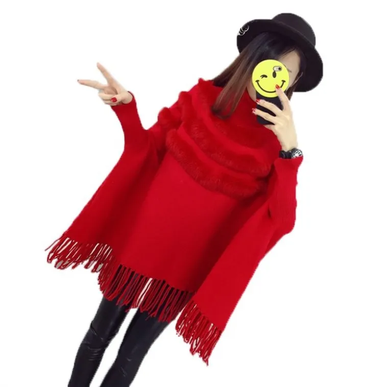 

2020 New Style Autumn and Winter Turtleneck Pullover Loose Cape Knitwear Bat Sleeve Tassled Solid Sweater Women V196