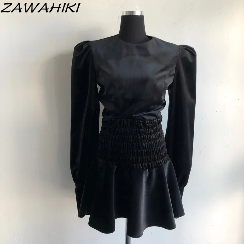 

ZAWAHIKI French Autumn O Neck Temperament Dark Black Puff Sleeve Slim Gothic Solid High Waist A Line Mini Pleated Dress Women