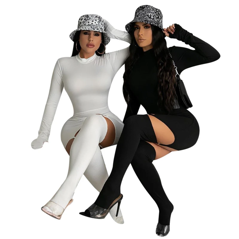 

Adogirl 2020 New Solid Stockings Dress High Round Neck Zipper Long Sleeves with Gloves Fashion Casual Bodycon Dresses