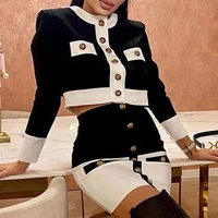 elegant knit plaid blazer cardigan slim skirt suits outfits women fashion office two piece set vintage metal button lady suits