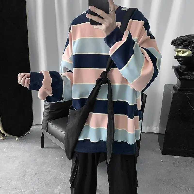 Осень 2020 Модные Полосатые мужские толстовки корейские свободные повседневные