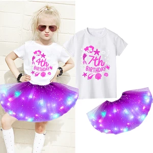 Summer Kids Short Sleeve Cartoon T-shirt+Luminous Skirt+Hairpin Girl Party Dress A Birthday Present Tutu Dresses Children Set