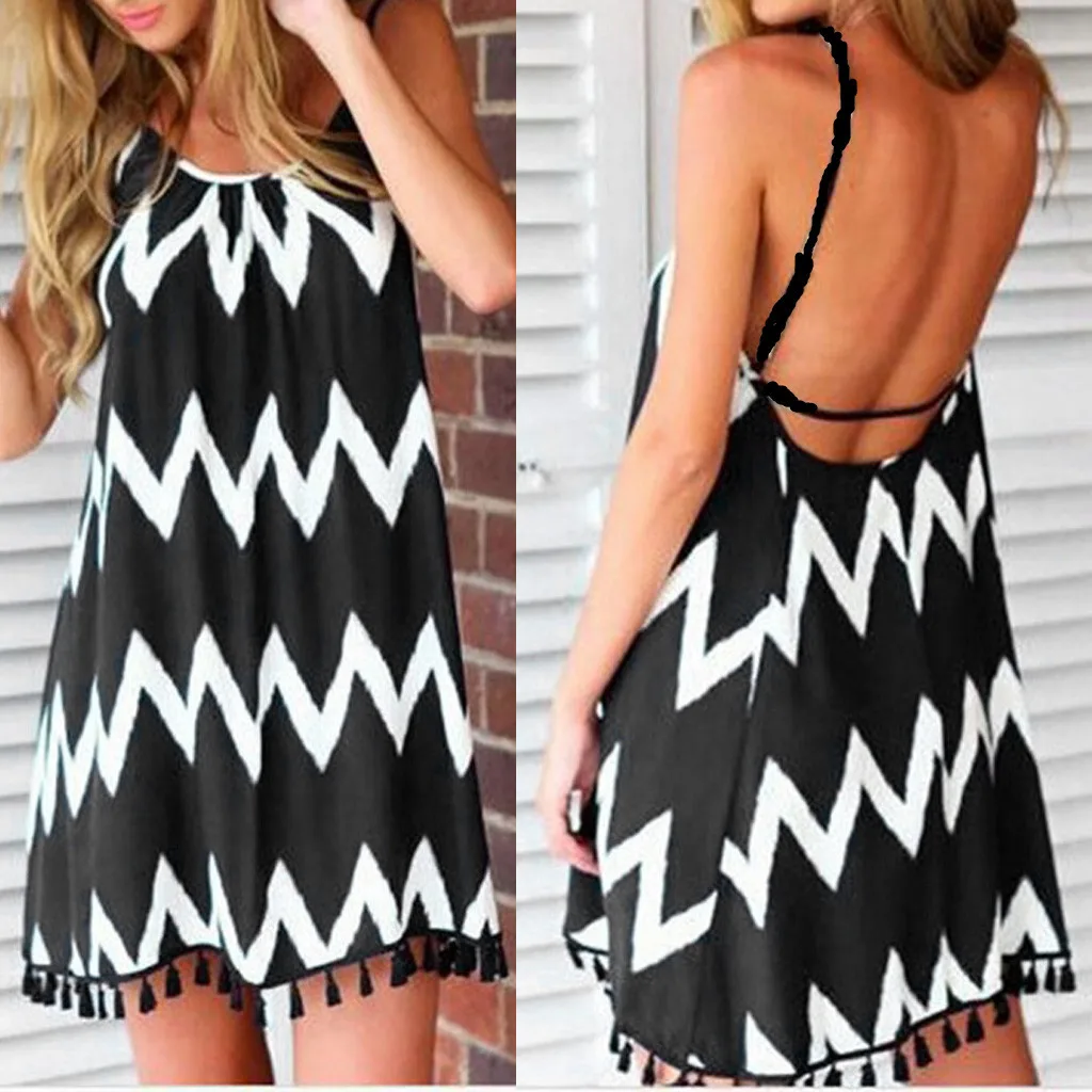 

Sexy Wave Pattern Women Deep Tassel Strap Dresses Female Sleeveless Dress Short Summer 2021 Mini Holiday Vestidos