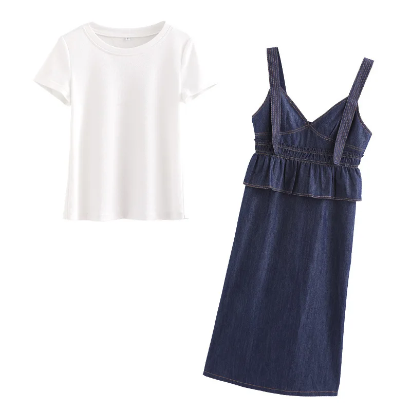 Summer Women Ruffles Waist Knee Length Jeans Dress Casual Short Sleeve Female Tops Two Piece Set Slim Fit Office Work Suit | Женская
