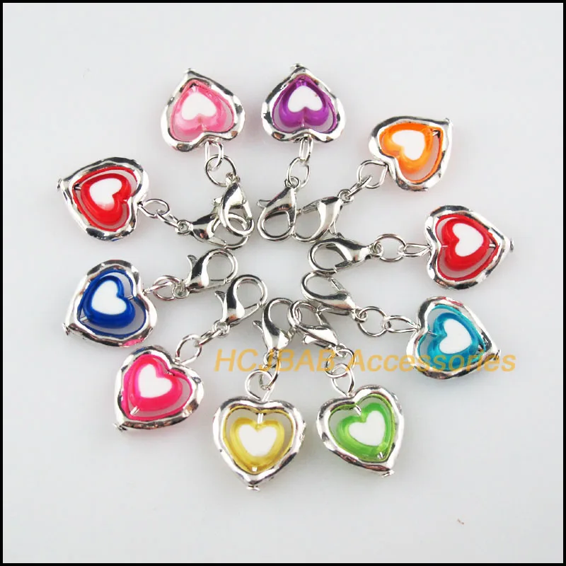 

10 New Circle Heart Charms Acrylic Mixed Beads Tibetan Silver Plated With Lobster Claw Clasps Pendants Retro 13x19mm