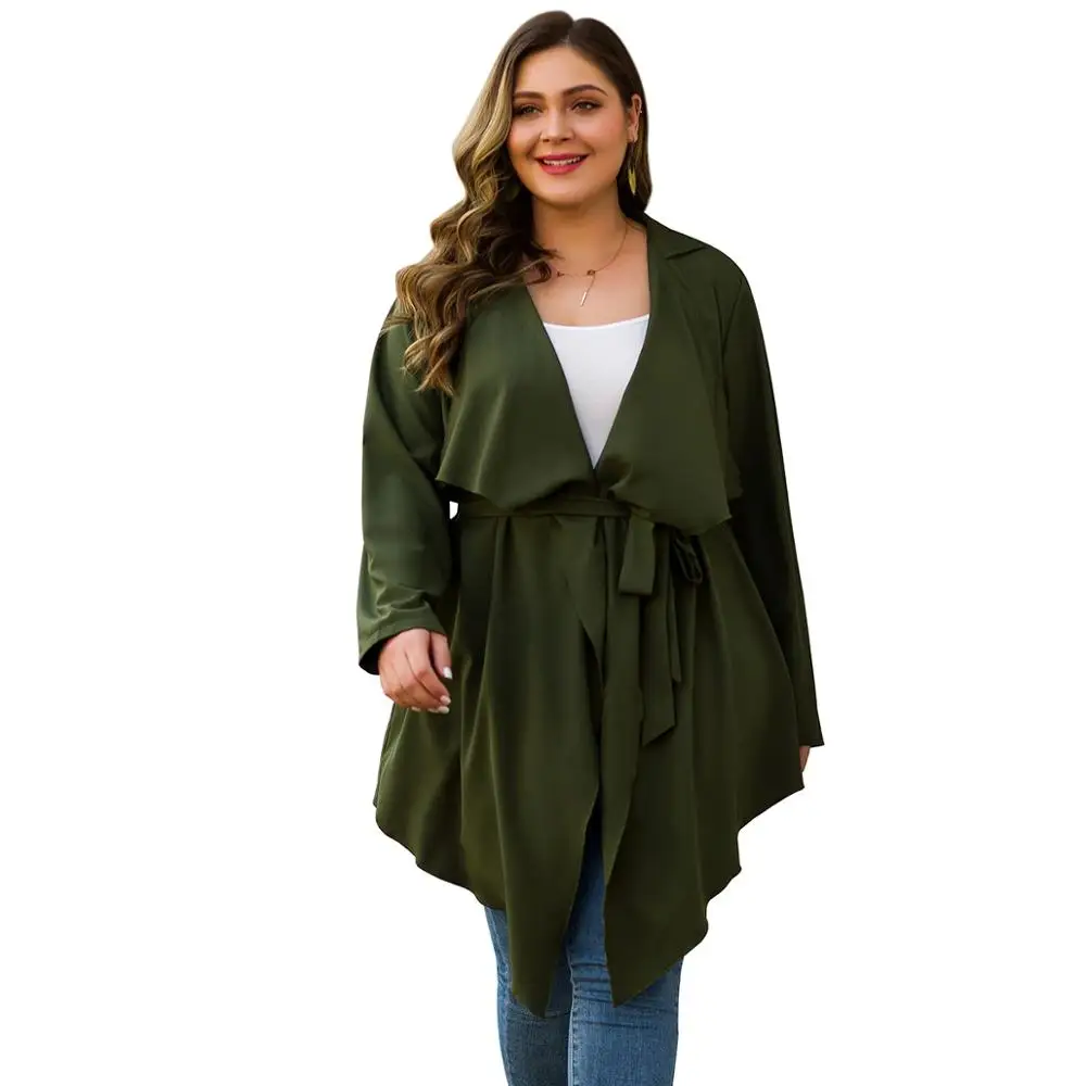 WHZHM куртки и пальто с поясом женские зеленые однотонные отложным воротником