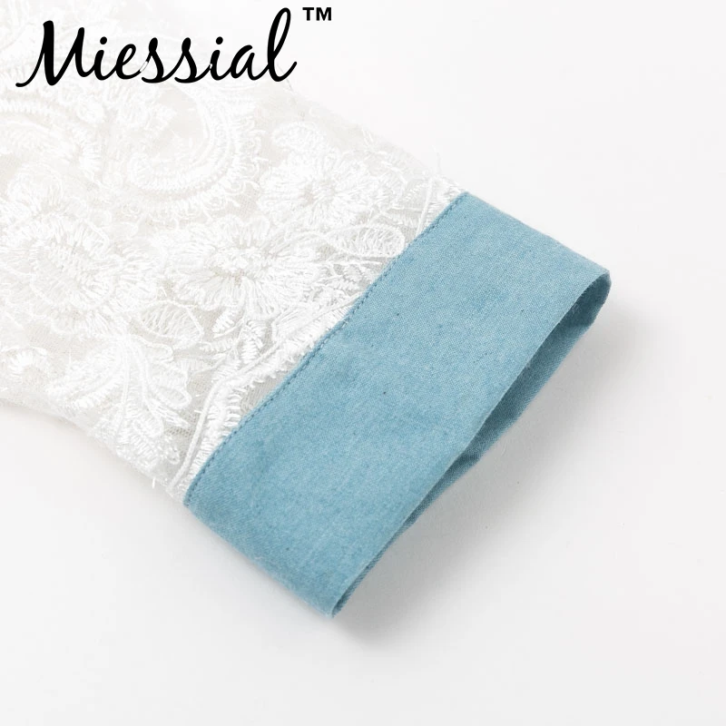 Miessial, Лоскутная Прозрачная сетчатая Джинсовая блузка, рубашка, женская элегантная кружевная Цветочная Осенняя рубашка, топ, женская модная уличная одежда