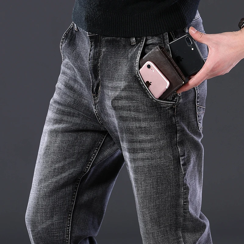 New Mens brand jeans Fashion Men Casual Straight High Stretch Feet Jeans Anti-theft Design Men Black Hot Sell Male Trousers