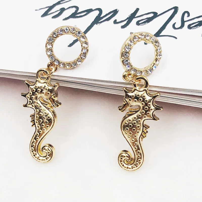 Модные хрустальные серьги изящные милые в виде морского конька подвеска
