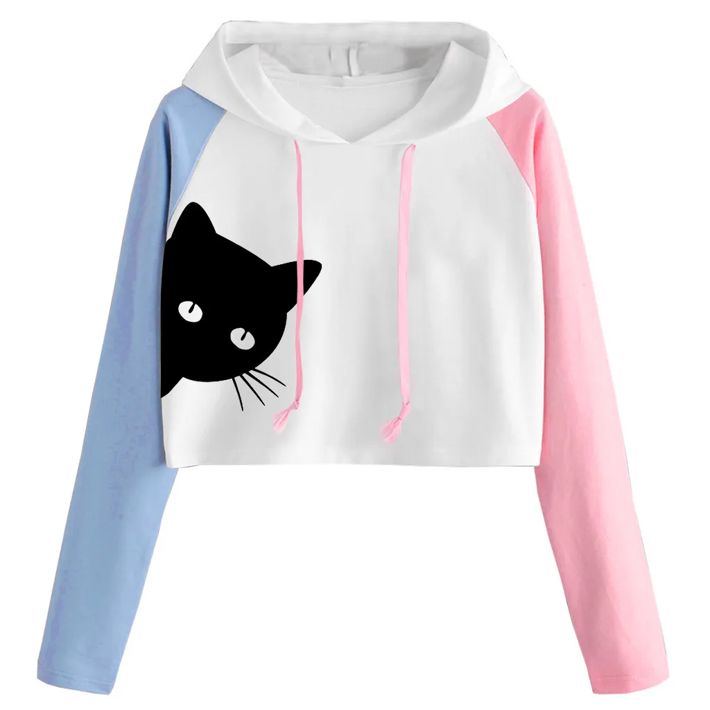 Повседневные короткие толстовки для женщин модная Толстовка с принтом кота