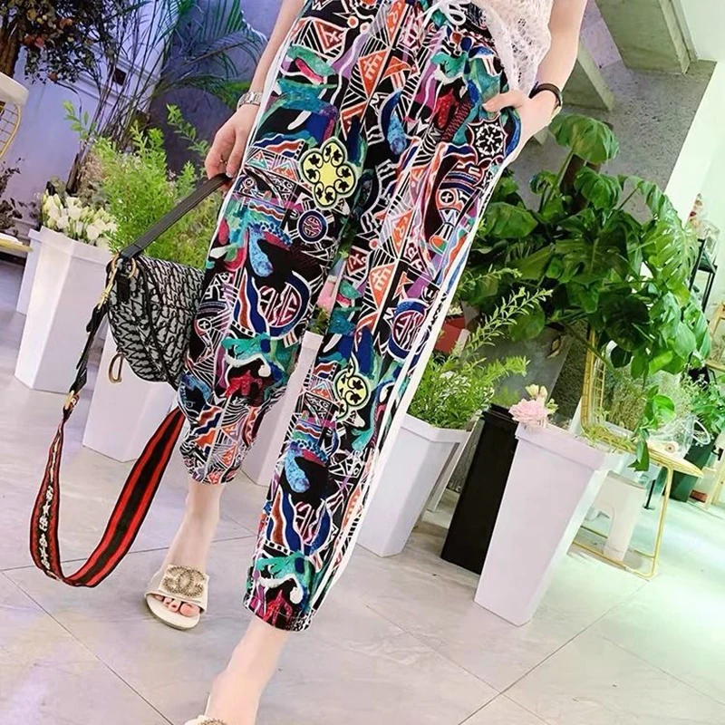 Брюки женские повседневные с цветочным принтом свободные спортивные штаны