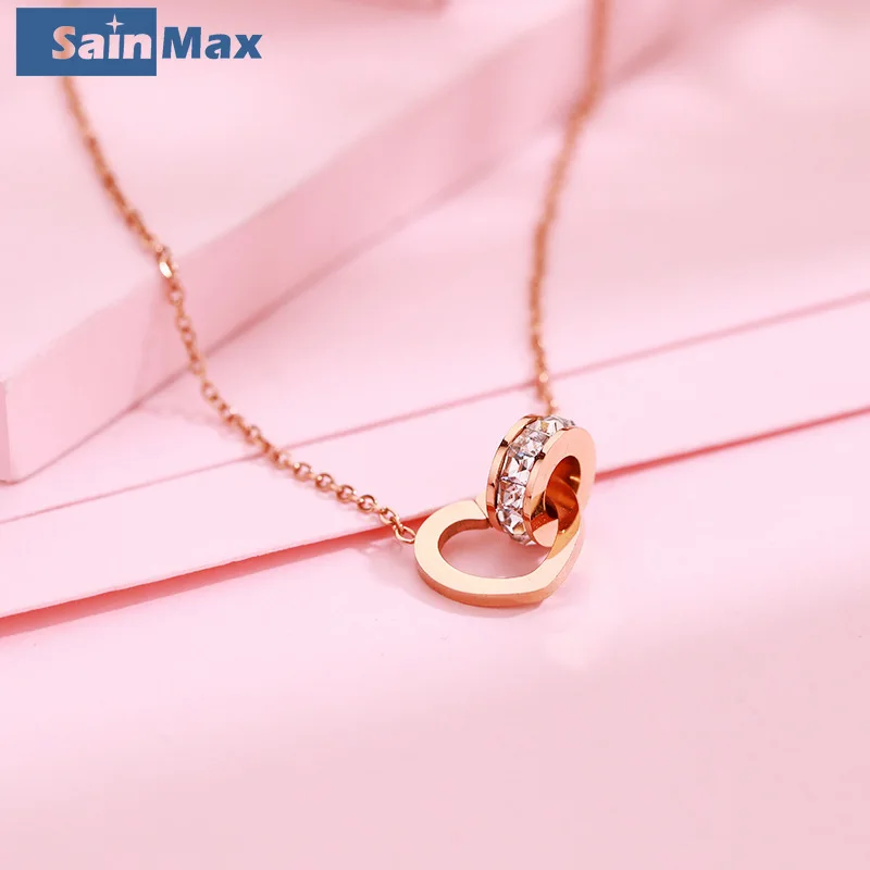 

Sainmax Lovers Necklace For Women Stainless Steel Crystal Necklace with Heart and Ring