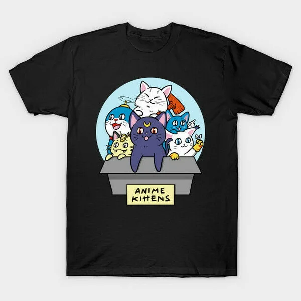 

Anime Kittens Happy Doraemon Korin Luna Neko Fairy Tale Black T-Shirt S-3Xl Cotton Short Sleeve Tee Shirt