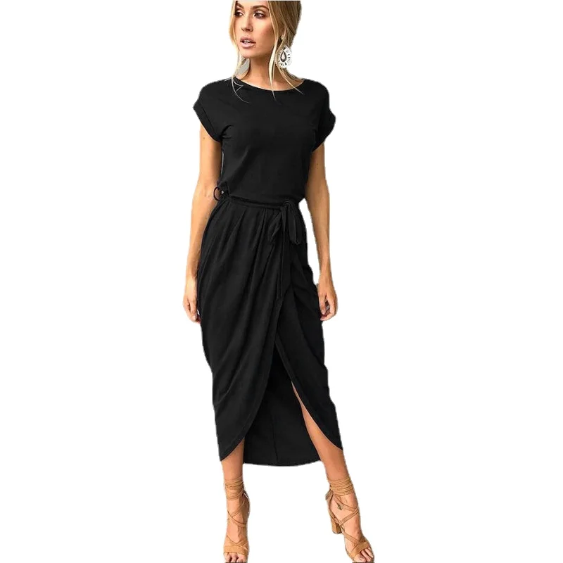 

Women's Clothing Sexy Pleated Bandage Split Long Dress Summer Fashion Casual Plus Size Short-Sleeved Harajuku Party Maxi Dresses
