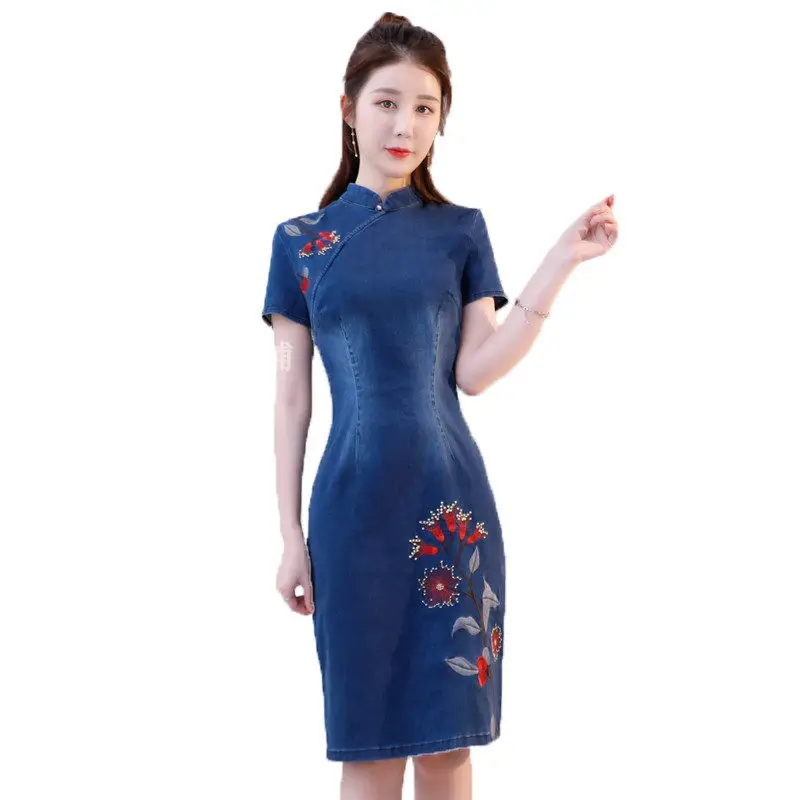 Женское джинсовое платье Ципао облегающее с короткими рукавами и вышивкой в