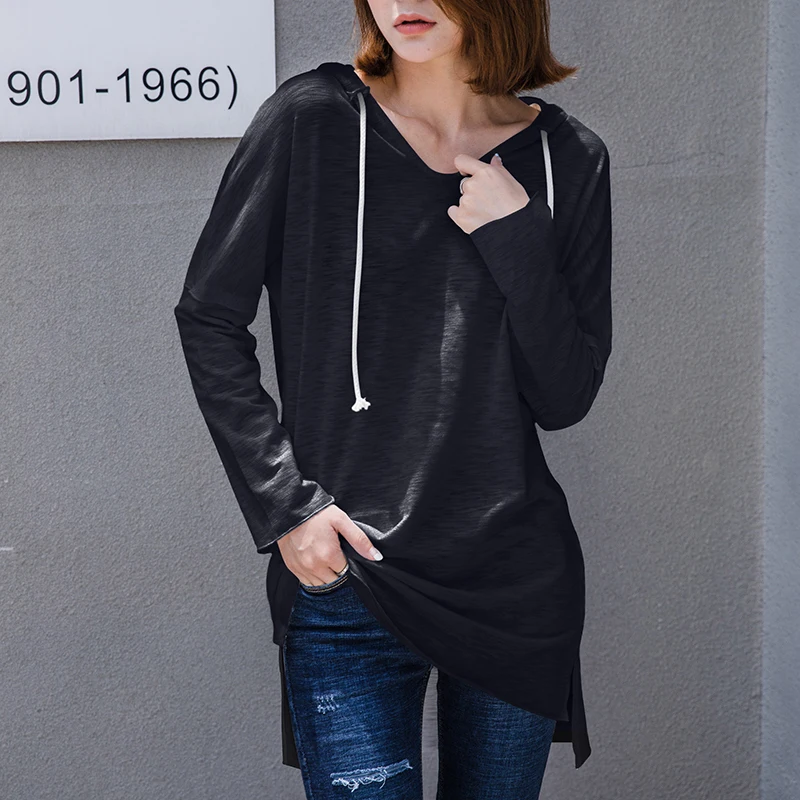 Bamboo Cotton Loose Women T-shirts 2021 Summer New Long Hooded V-neck Solid White Casual Pullovers Outwear Coat Tops | Женская одежда