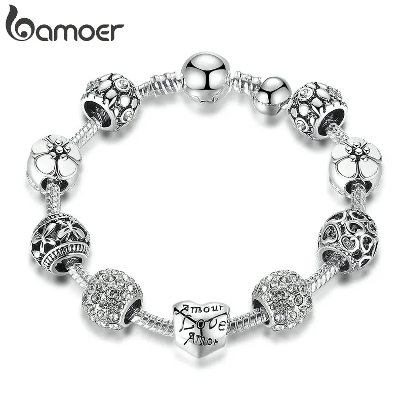 

BAMOER Silver Plated Charm Bracelet & Bangle with Love and Flower Beads Women Wedding Jewelry 4 Colors 18CM 20CM 21CM PA1455