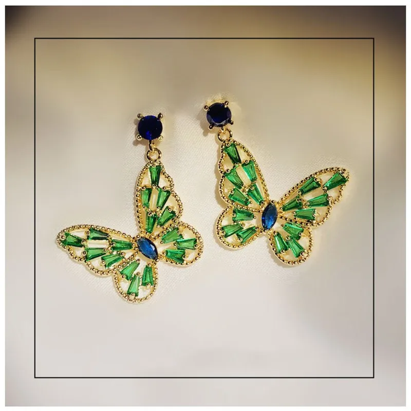 S925 Silver Needles Drop Earrings For Women Green/Pink Cubic Zirconia TButterfly Romantic Fine Jewelry Bridal Wedding Accessory