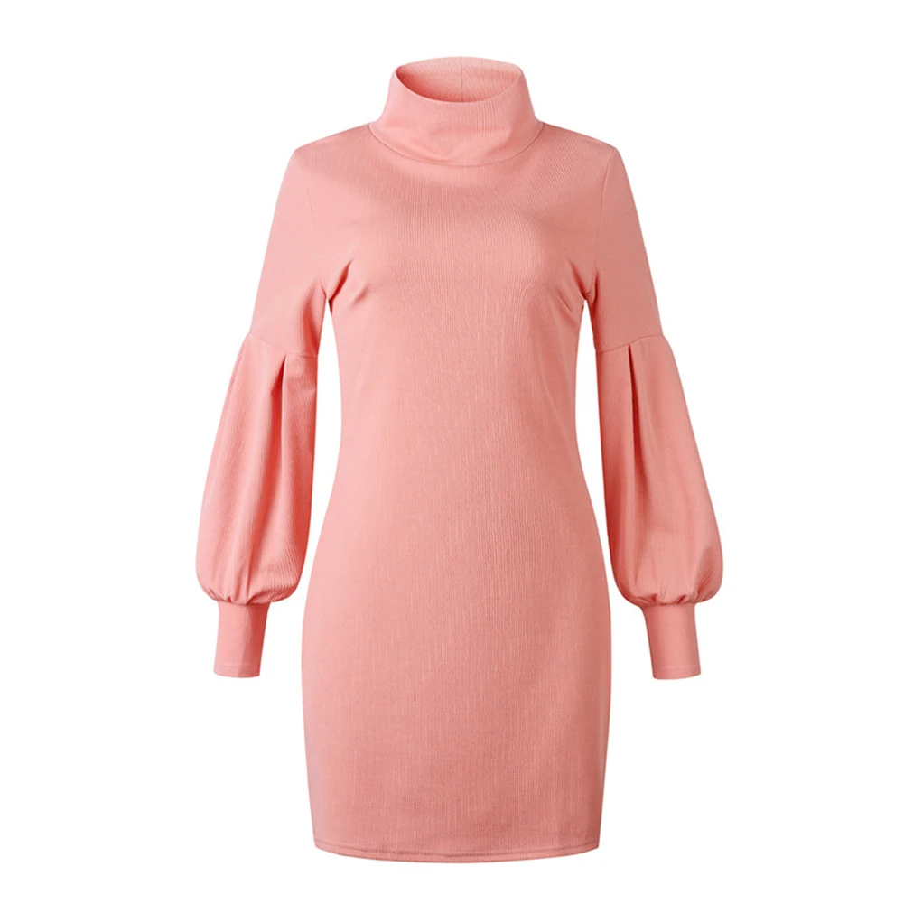 

Fashion Solid Turtleneck Loose Knitted Long Sweater women Puff Long Sleeve Office Casual Dress Winter female Warm Pullover