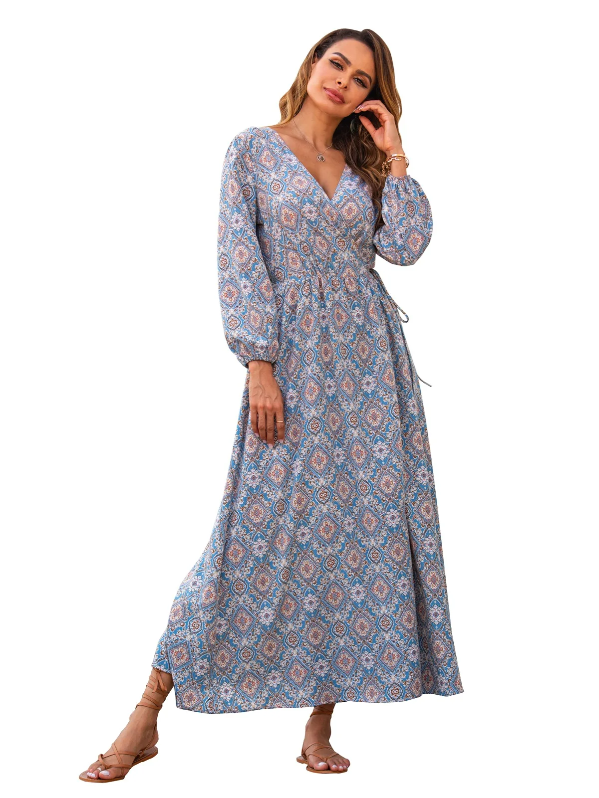 

Women's V-neck dress 2021 retro ethnic style pullover with big slit waist skirt bohemian print temperament casual long skirt XXL