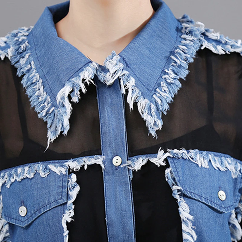 

CHICEVER Denim Patchwork Mesh Coats For Women Lapel Collar Short Sleeve Hit Color Casual Jackets Female 2021 Fashion New Clothes