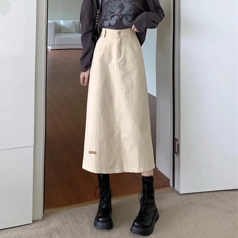 

Lauri Laki Beige High Waist Denim Skirt Women Midi Elegant Vintage A-line Long Jean Skirt Autumn 2021