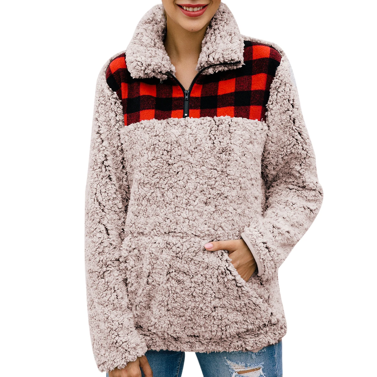 

Women‘s Hoodie Lattice Turn-Down Collar Coat Autumn Winter Splicing Stylish Street Casual Fleece Fashion Warm hoody