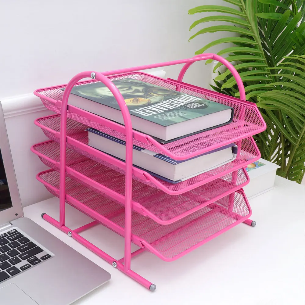 

1Pc 4 Layer File Document Stand Rack Desktop Storage Rack File Holder Organizer Office Supplies for Home School(Rosy)