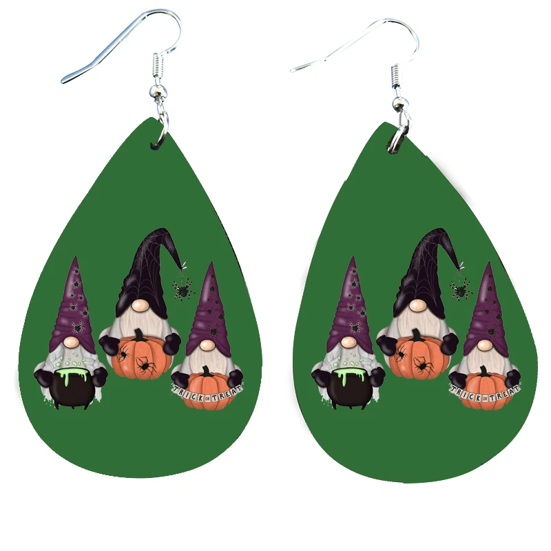

Three Gnomes Happy Halloween Faux Leather Teardrop Earrings Double Print Boo Pumpkin Printed Earrings Wholesale New