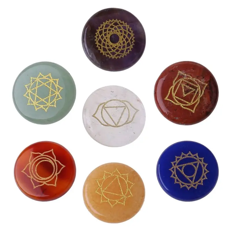 

7Pcs Chakra Stones Reiki Healing Crystal With Engraved Chakra Symbols Holistic Balancing Polished Palm Natural Stones 85LB