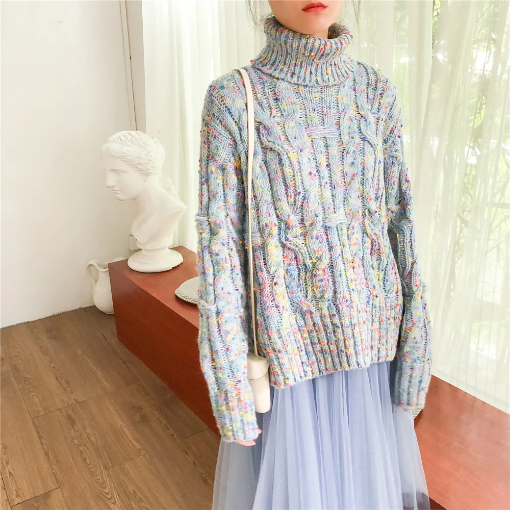 

New Autumn Winter Pull Over Sweater Women Vintage Warm Turtleneck Knitted Korean Harajuku Sweater Woman Fashion Split Tops