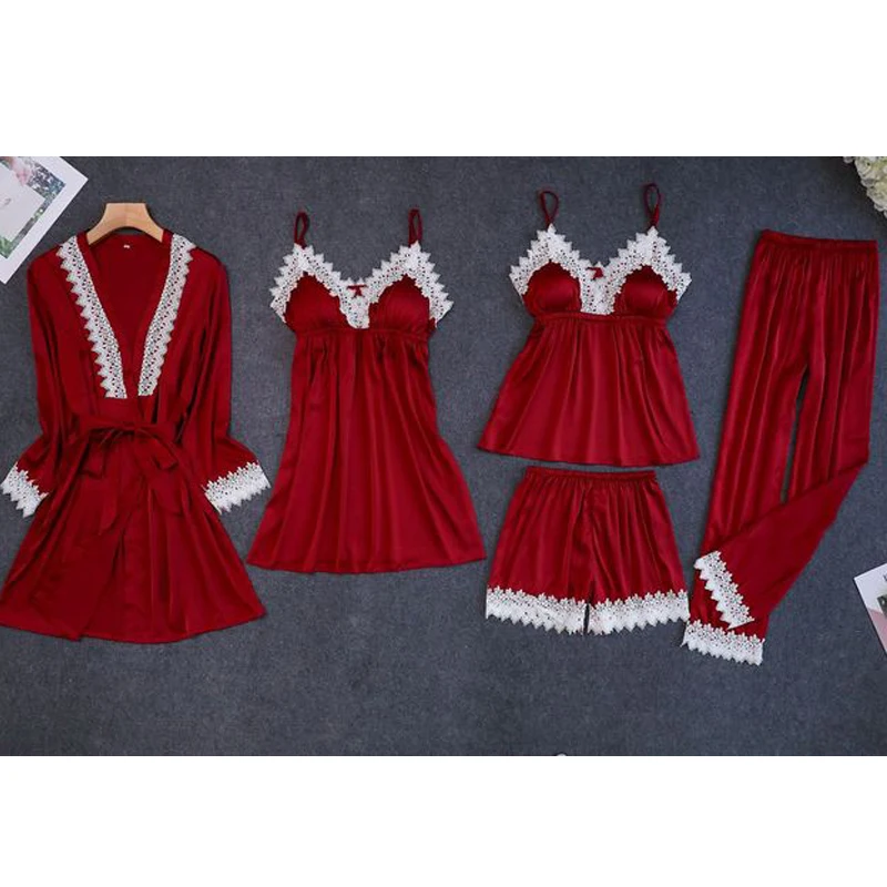 

Pajama suit new lace V-neck five-piece suit ladies home service thin sexy charming pajamas sexy nightware 2020