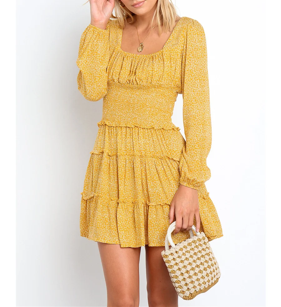 Осеннее женское Цветочное платье без бретелек с длинным рукавом-фонариком и