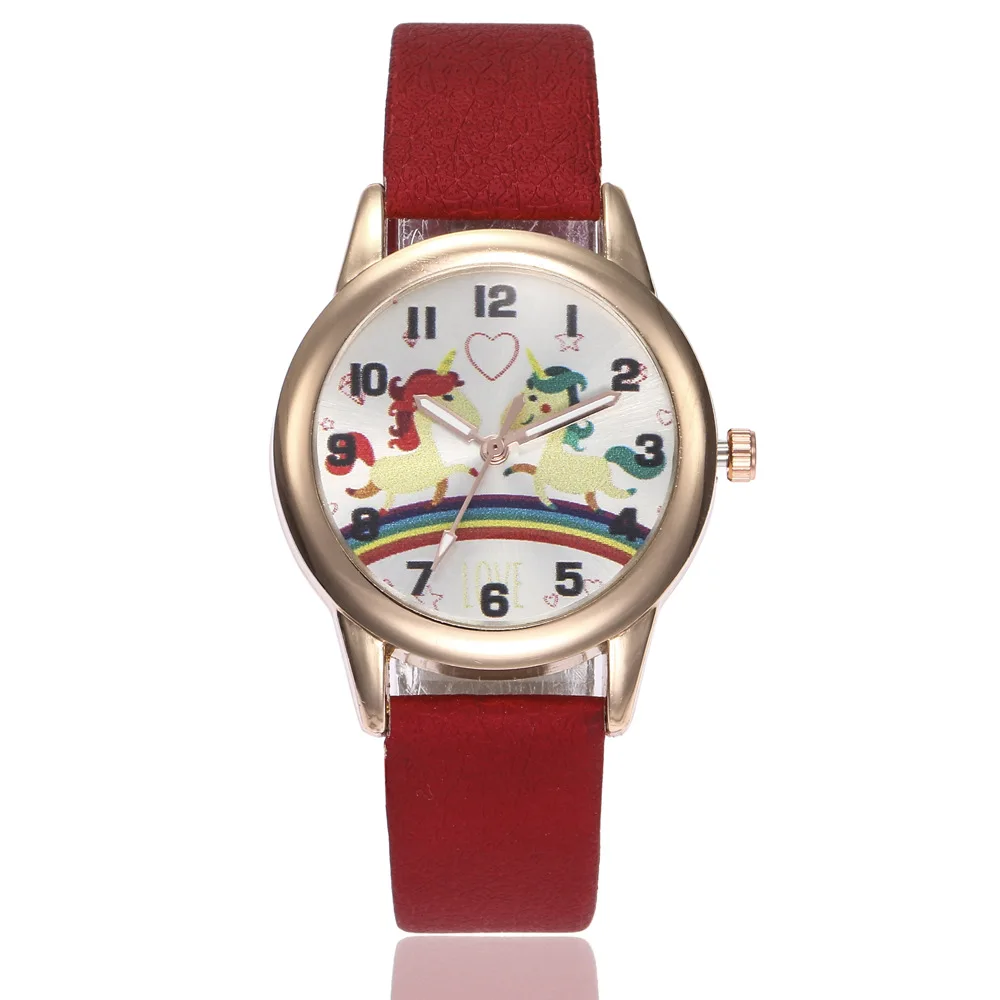 H857-Red Детские модные часы с милым мультяшным единорогом, женские наручные часы с кожаным ремешком, классические цифровые часы для девочек и мальчиков, женские часы, Детские кварцевые часы - Цвет: H857-Red