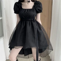 qweek gothic harajuku goth dress summer korean style fairy mesh elegant puff sleeve black dress vintage dresses for women 2021