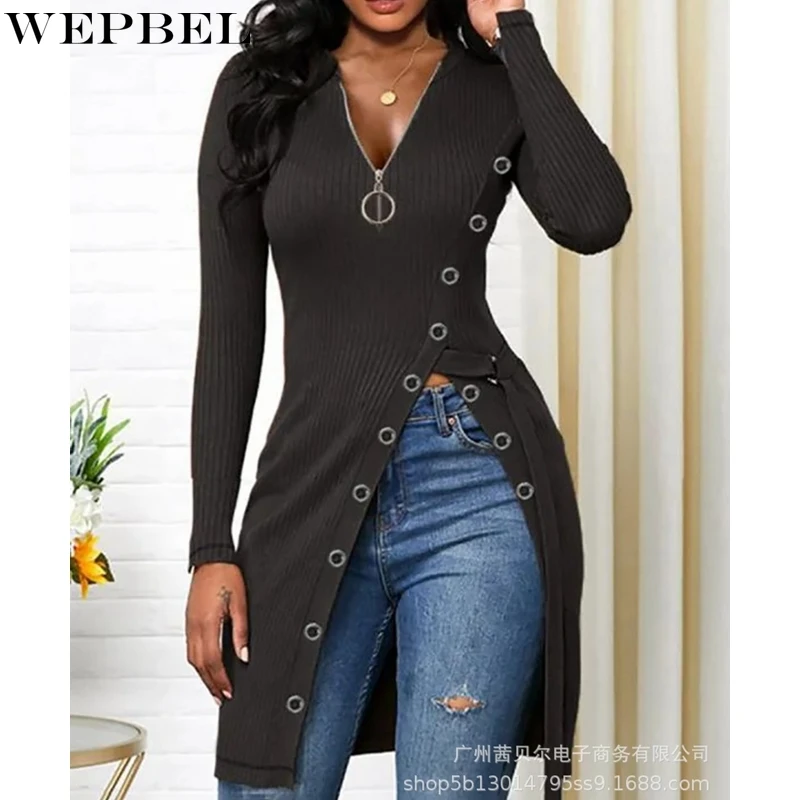 

WEPBEL Solid Color T-shirt Women's Single-Breasted High Waist Slit T-shirt Autumn Long Sleeve V-neck Zipper Slim Fit T-shirt