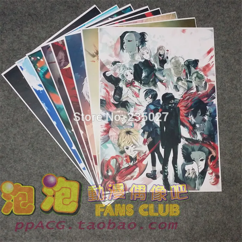

8 pcs/set Anime Tokyo Ghoul poster Kaneki Ken Kamishiro Rize Kirishima Toka wall pictures room sticker toys A3 cartoon posters