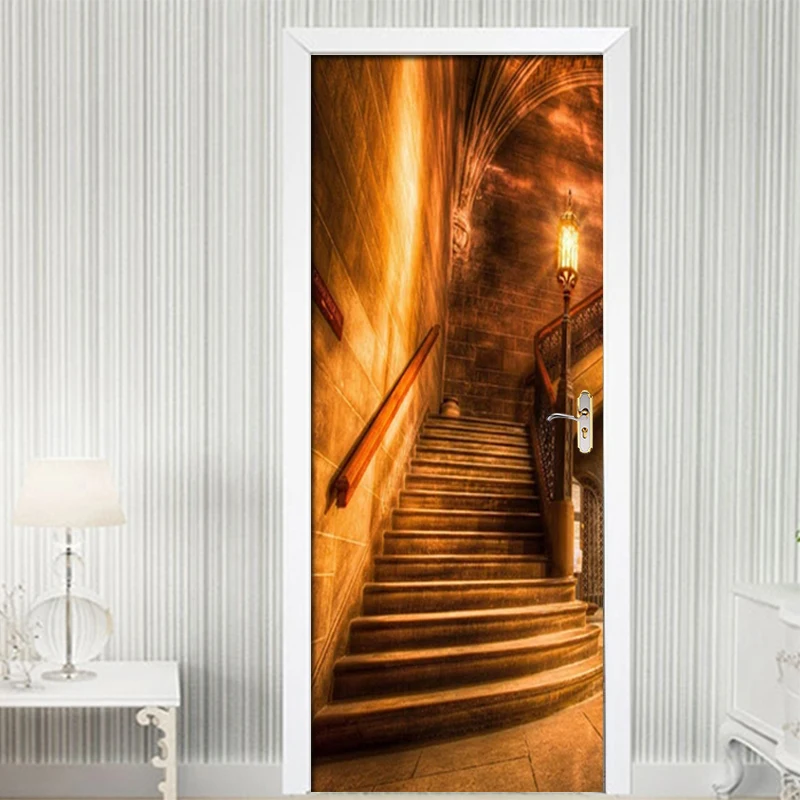 Самоклеящиеся наклейки на дверь из ПВХ золотой коридор лестница фотообои для