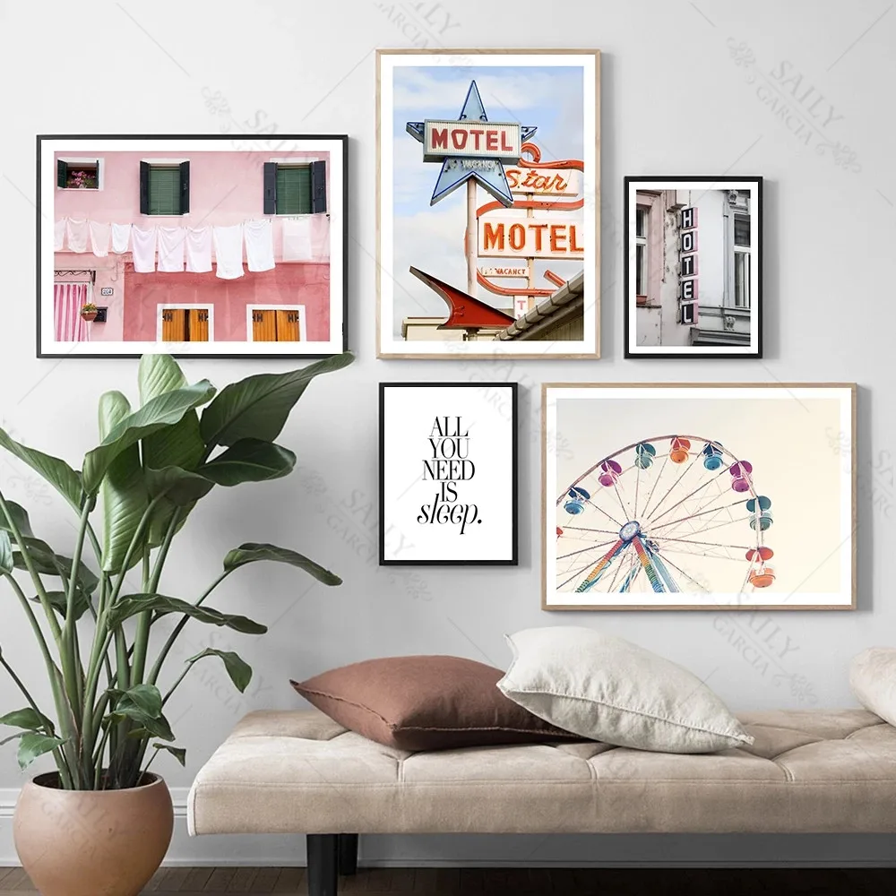 

Modern Hotel Multicolored Ferris Wheel Wall Art Canvas Painting Pink Picture Posters and Prints Gallery Living Room Home Decor
