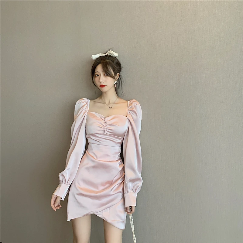 Высококачественное атласное платье с длинным рукавом платья в стиле ретро