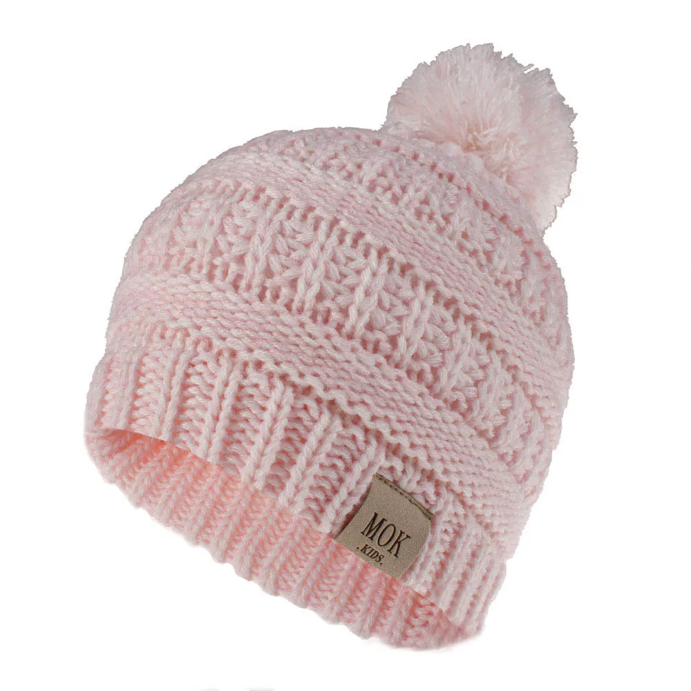 PinkWhite MOK Logo Новинка года; яркие цвета; вязаная детская шапка с кисточками для мальчиков и девочек; зимние винтажные разноцветные шапочки Skullies; уличная одежда; теплые шапки - Цвет: PinkWhite MOK Logo