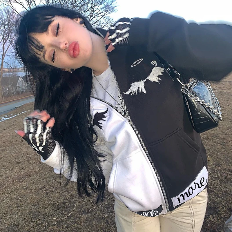 

WeiYao Goth Hoodies E Girl Techwear Contrast Patchwork Dark Acamemia Grunge Jackets Women Zip Up Lantern Sleeve Sweatshirts