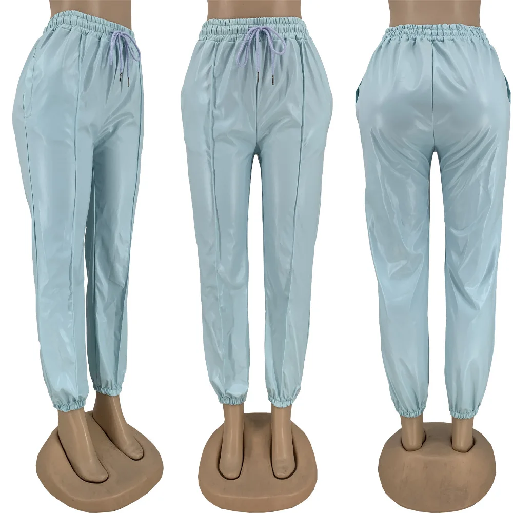 Брюки женские из искусственной кожи винтажные длинные штаны с завышенной талией