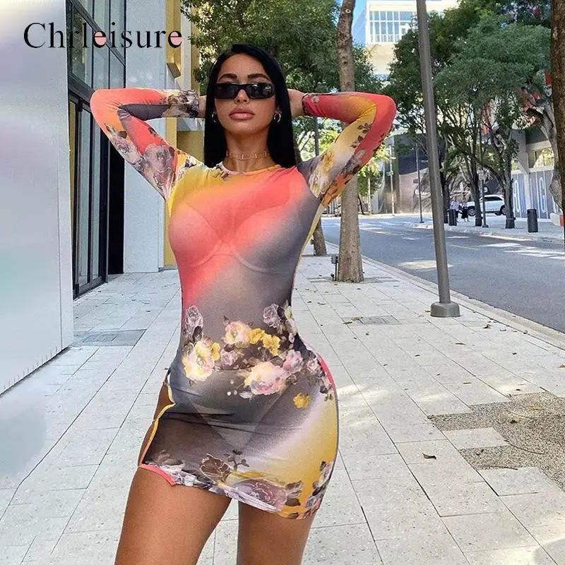 Summer Mesh Dress Women Round Neck Long-Sleeve Dresses Sexy Side Split Nightclub Print SeeThrough | Женская одежда