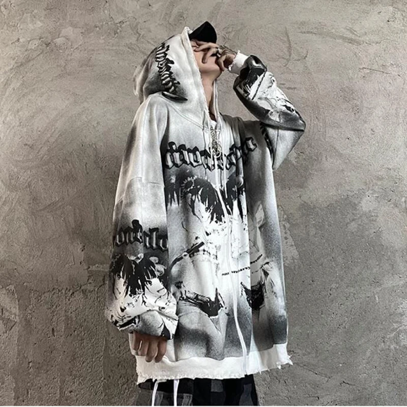 

Hip hop Streetwear Vintage Anime Print Oversized Sweatshirt Y2K High street Long Sleeve Zip Women's Hoodie Harajuku FashionTop
