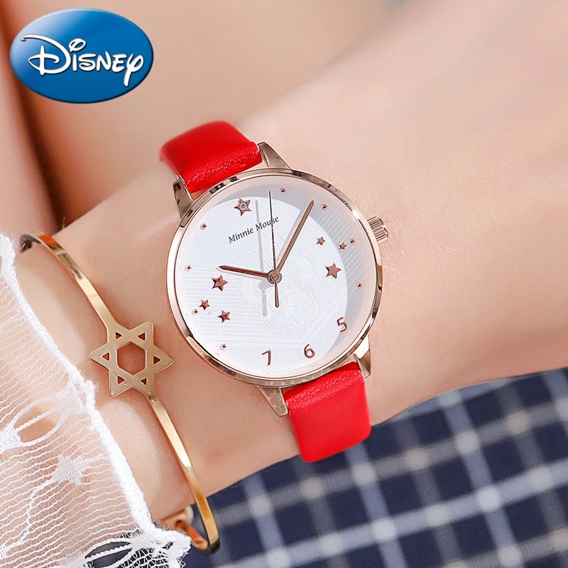 Genuine Minnie Mouse Girls Fashion Casual Wrist Watch Luxury Rhinestone Star Soft Strap Young Ladies Love Women's Quartz Clock
